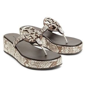 NIB Tory Burch Miller Leather Wedge Sandals GRANITE ROCCIA